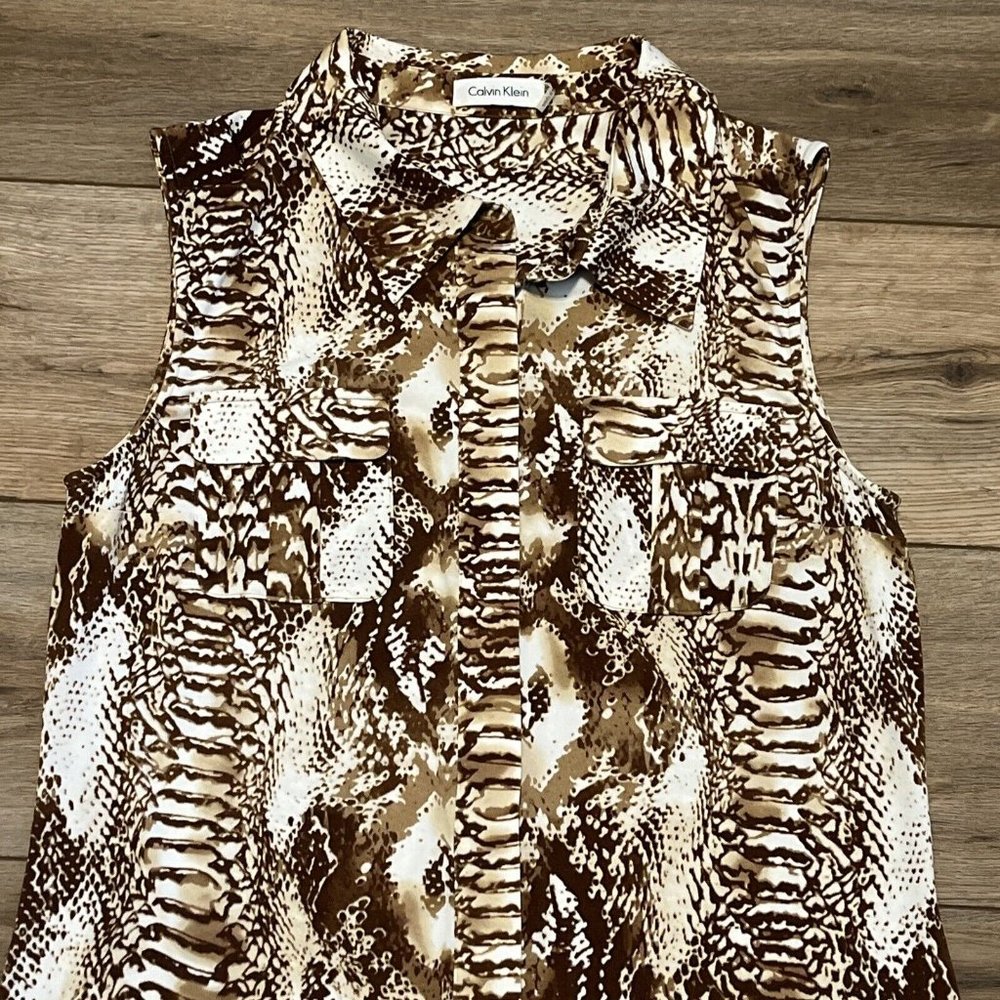 Women's Calvin Klein Maxi Dress SZ 6 Button Front Brown White Snake Print - Picture 3 of 10